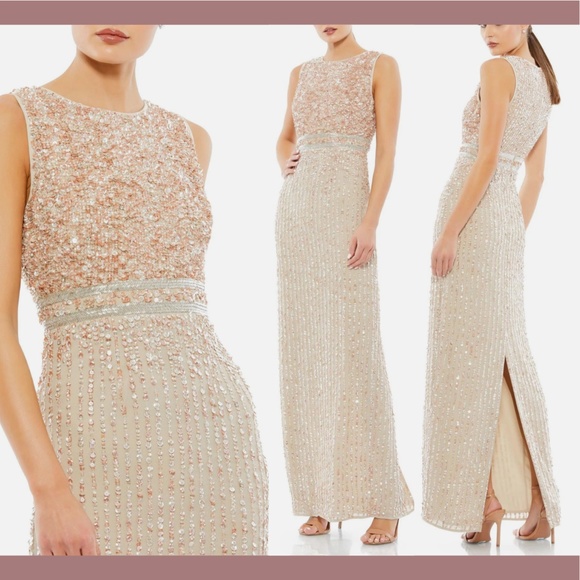 NWT $298 Mac‎ Duggal [ 8 ] Sequin High Neck Sleeveless Column Gown Nude Pink